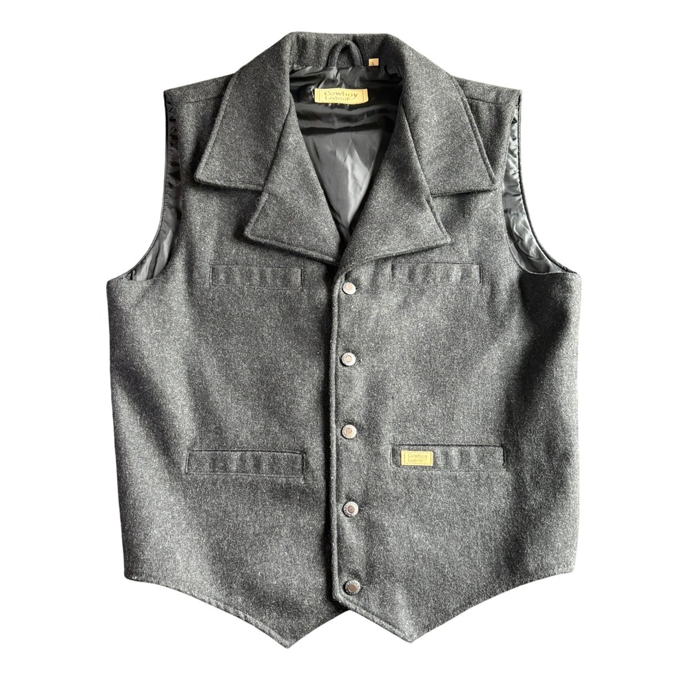 Cowboy Legend Mens Gray Wool Blend Snap Front Western Vest Sz Lrg Notched Lapel